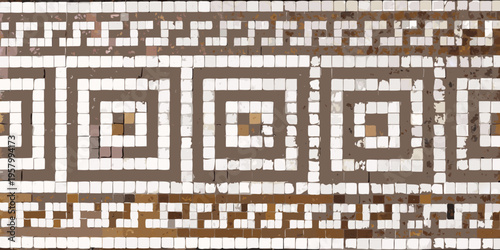 Geometric mosaic pattern featuring squares and a meander border detail