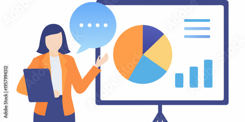 Woman presenting data analysis with a pie chart and bar graph