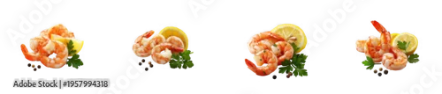 Obraz  z motywem Delicious cooked shrimp with lemon slices and fresh parsley, seafood on isolated on transparent background