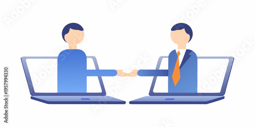 Business professionals virtually shaking hands through laptop computer screens