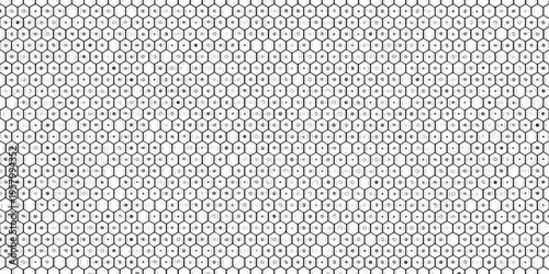 A seamless black and white hexagonal grid pattern fills the entire frame