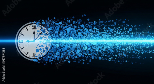 Clock face with glowing blue particles and light beam on black background time concept