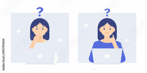 Two women pondering with laptops each displaying a question mark