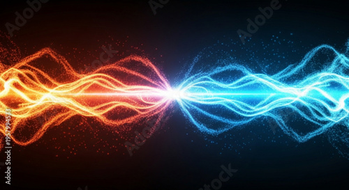 Vibrant orange and blue neon light waves intersect in a mesmerizing display of energy and technology against a dark background