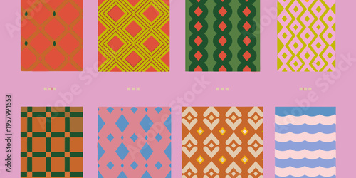 A collection of brightly colored geometric patterned fabric swatches