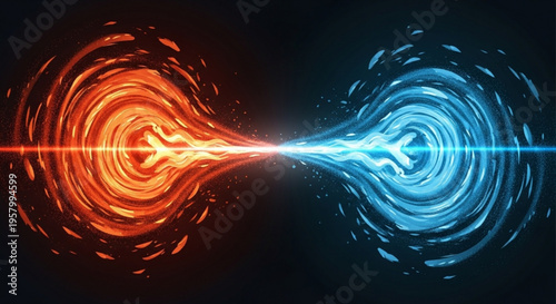 Vibrant orange and blue swirling energy vortexes collide with bright light beam on dark background representing opposing forces or concepts in dynamic motion