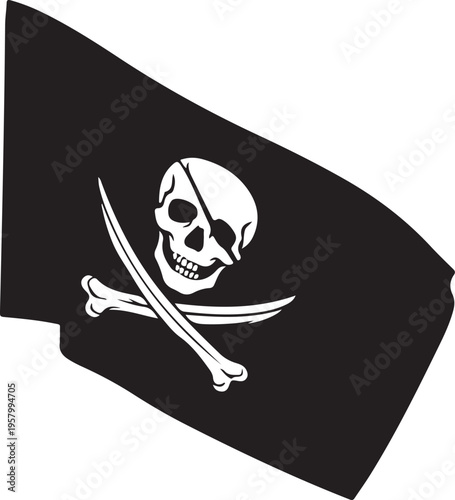 Black pirate flag with a white skull and crossbones graphic design isolated on a white background