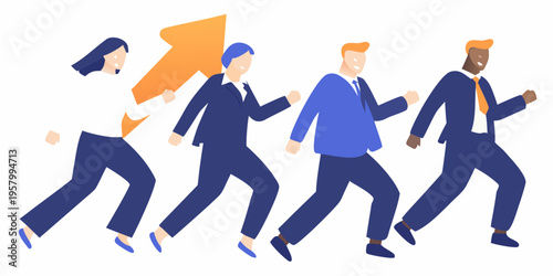 Diverse business team enthusiastically running forward symbolizing growth and success