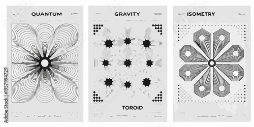 Abstract geometric posters featuring quantum gravity and isometric designs