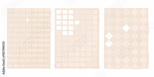 Three panels displaying a shifting geometric pattern of squares and diamonds