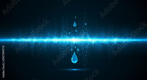 Glowing blue water droplets falling against a dark background with a bright light beam