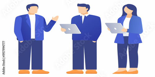 Three business professionals discussing ideas while holding digital tablets