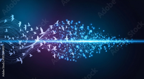 Glowing blue light streaks across a dark background with birds and particles flying out in a digital illustration of freedom and technology