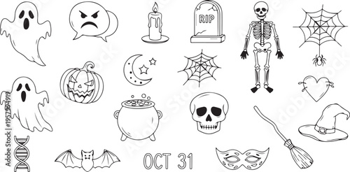 A collection of hand drawn halloween theme doodle icons isolated on a white background for design