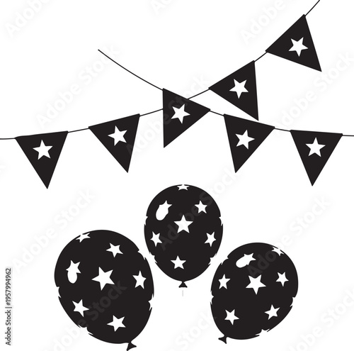A festive illustration featuring black triangular bunting flags and star patterned party balloons