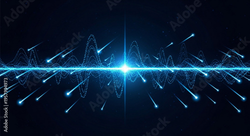 Glowing blue waveform with radiant beam and dynamic pulses on dark background conveying energy and technology