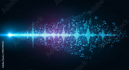 Vibrant sound wave with purple and blue particles on a dark background conveying technology and data visualization