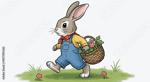 Cartoon rabbit wearing overalls carrying a basket of flowers in a field