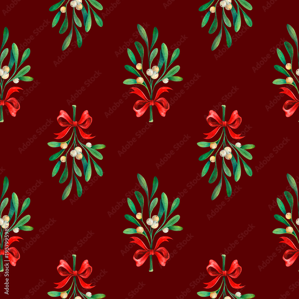 Obraz premium Mistletoe branches with white berries and red bows on red background, seamless watercolor pattern. Christmas festive background for fabric, wrapping paper, greeting cards and holiday design.
