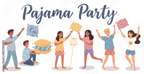 Pajama party with pillow fight cartoon boys and girls diverse friends in sleepwear for slumber party event invitations, social media and greeting cards.