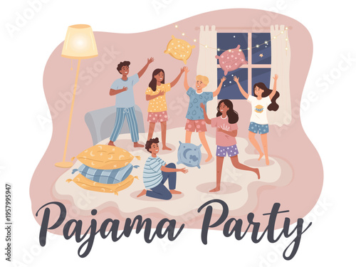 Pajama party with pillow fight scene featuring diverse friends in sleepwear for slumber party event invitations, social media and greeting cards.