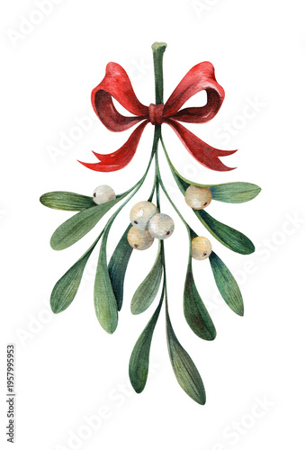 Konstfotografi Mistletoe branch with white berries and red bow, watercolor illustration