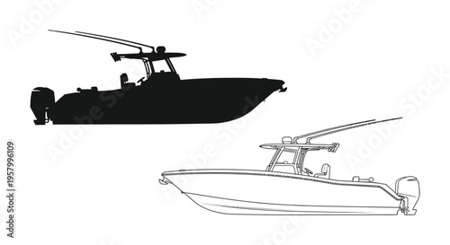 A sleek center console fishing boat design in black silhouette