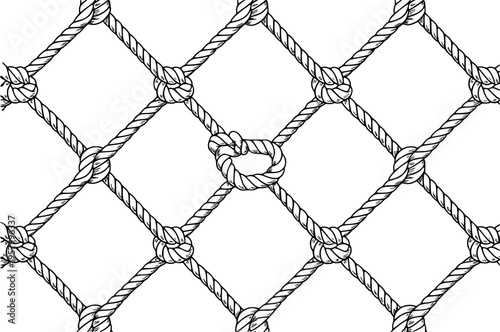 Detailed Hand Drawn Nautical Rope Net Pattern with Knots White Background marine