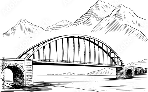 Arch bridge spanning a river with mountains in the background hand drawn water