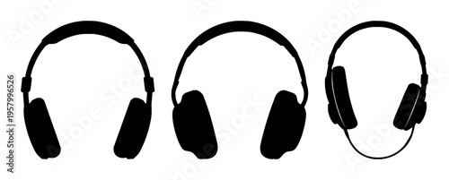Headphones set with stylized silhouette of music wave and note icons, dynamic line art depicting audio signal featuring sound, audio, headphones with music and waveform