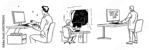 Person interacting with floating 3D interface set with abstract line art featuring futuristic workstation, digital UI, ergonomics with minimalism and white background