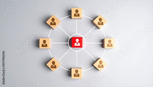 Central red figure, connected network, wooden blocks, organizational structure
