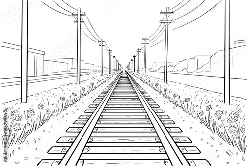 Black and white of a vanishing railway track with telephone poles and distant buildings