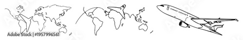 Airplane path set with continuous line drawing of world travel and international flight business concept featuring travel, airline, global route with editable stroke and contour vector illustration