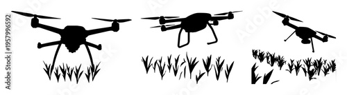 Solid black silhouette of a smart agricultural drone spraying crops, ag-tech theme, isolated on white. set with simple line art design featuring outline, illustration, graphic elements with clean d...