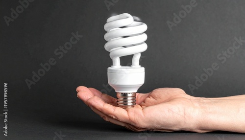 Hand holding glowing CFL bulb, spiral design, dark background