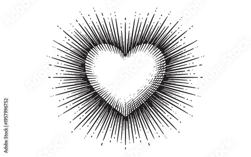 Ornate heart symbol with radiant sunburst rays vintage sketch illustration