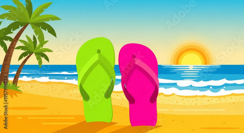 Colorful flip flops on a tropical beach at sunset with palm trees and ocean waves