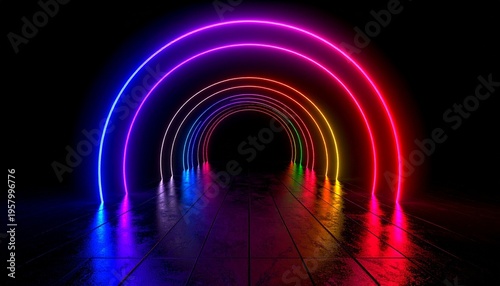 Concentric neon arches tunnel, vibrant gradient, futuristic glowing symmetry