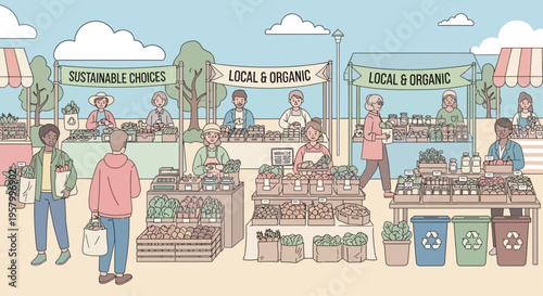 Diverse people shopping at a vibrant local organic farmers market.