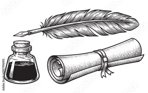 Set of antique writing tools including quill pen inkwell and paper roll