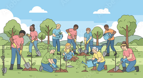 Diverse group of people planting trees together outdoors.