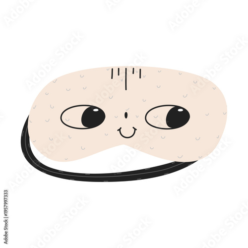Funny sleep mask with big cartoon eyes and a smile on textured background.Concept of pajama parties, healthy sleep.