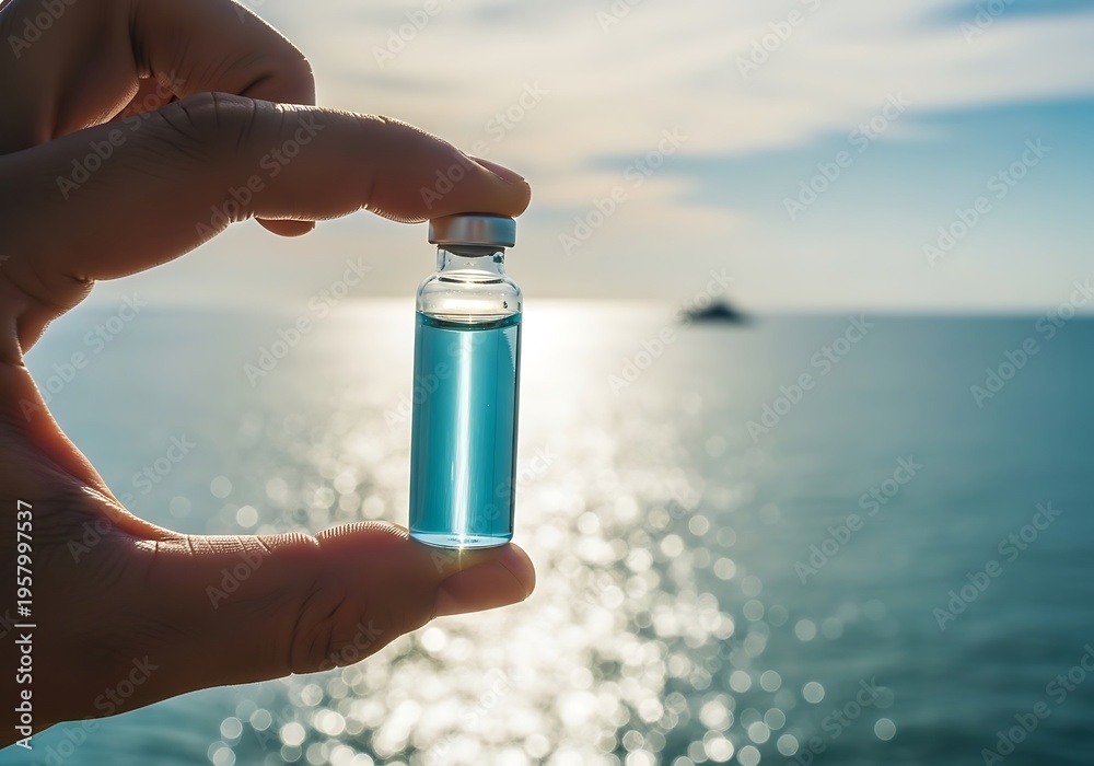 Naklejka premium Hand holding blue liquid vial ocean background image