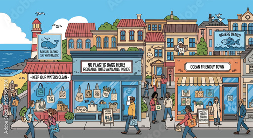 Diverse people shopping in eco-friendly town street scene.