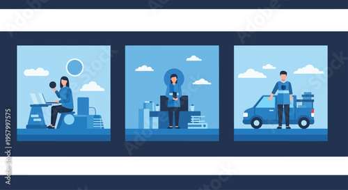 Diverse professionals working and delivering services in modern urban settings.