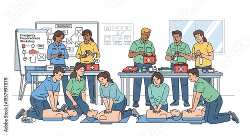 Diverse group of people practicing CPR and first aid training.