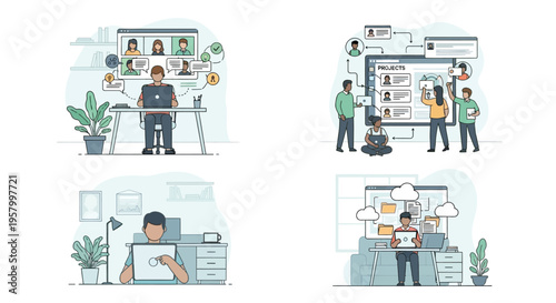 Diverse Remote Work and Collaboration Scenarios Illustrated.
