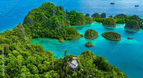 Canvastavla Aerial view of landscape scene with Raja Ampat Islands, Indonesian archipelago,