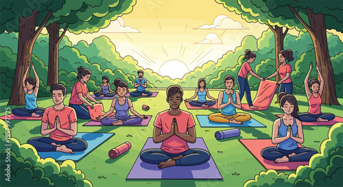 Diverse group of people practicing yoga outdoors.